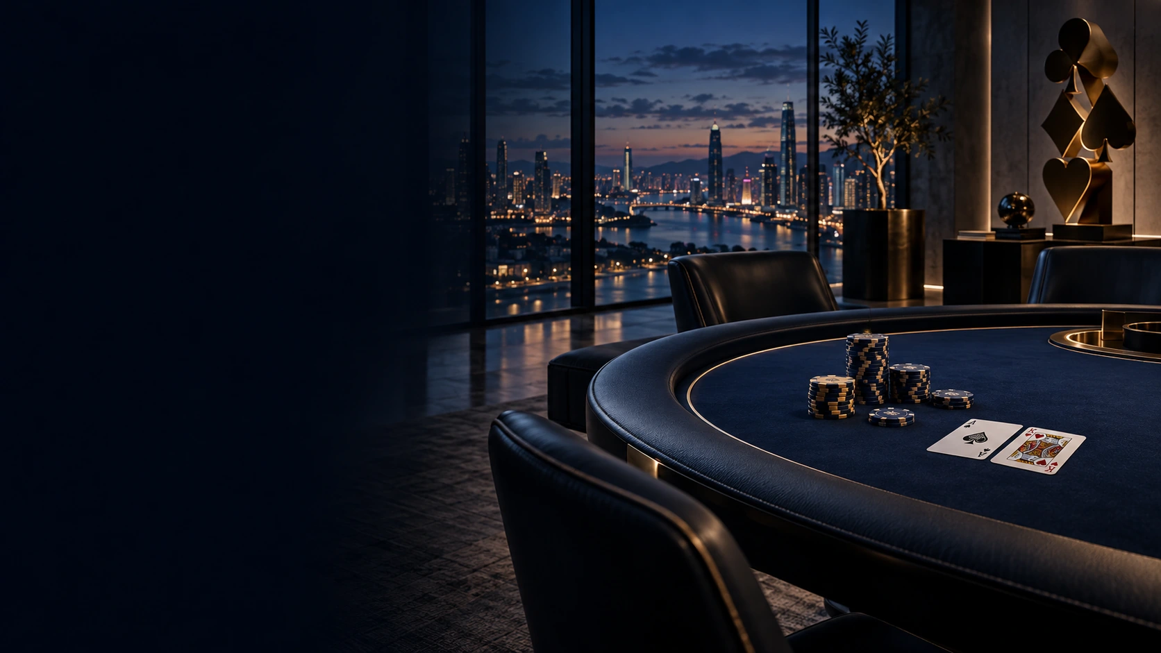 A private poker strategy room overlooking a city at blue hour, with a navy poker table and sculptural gold card suits
